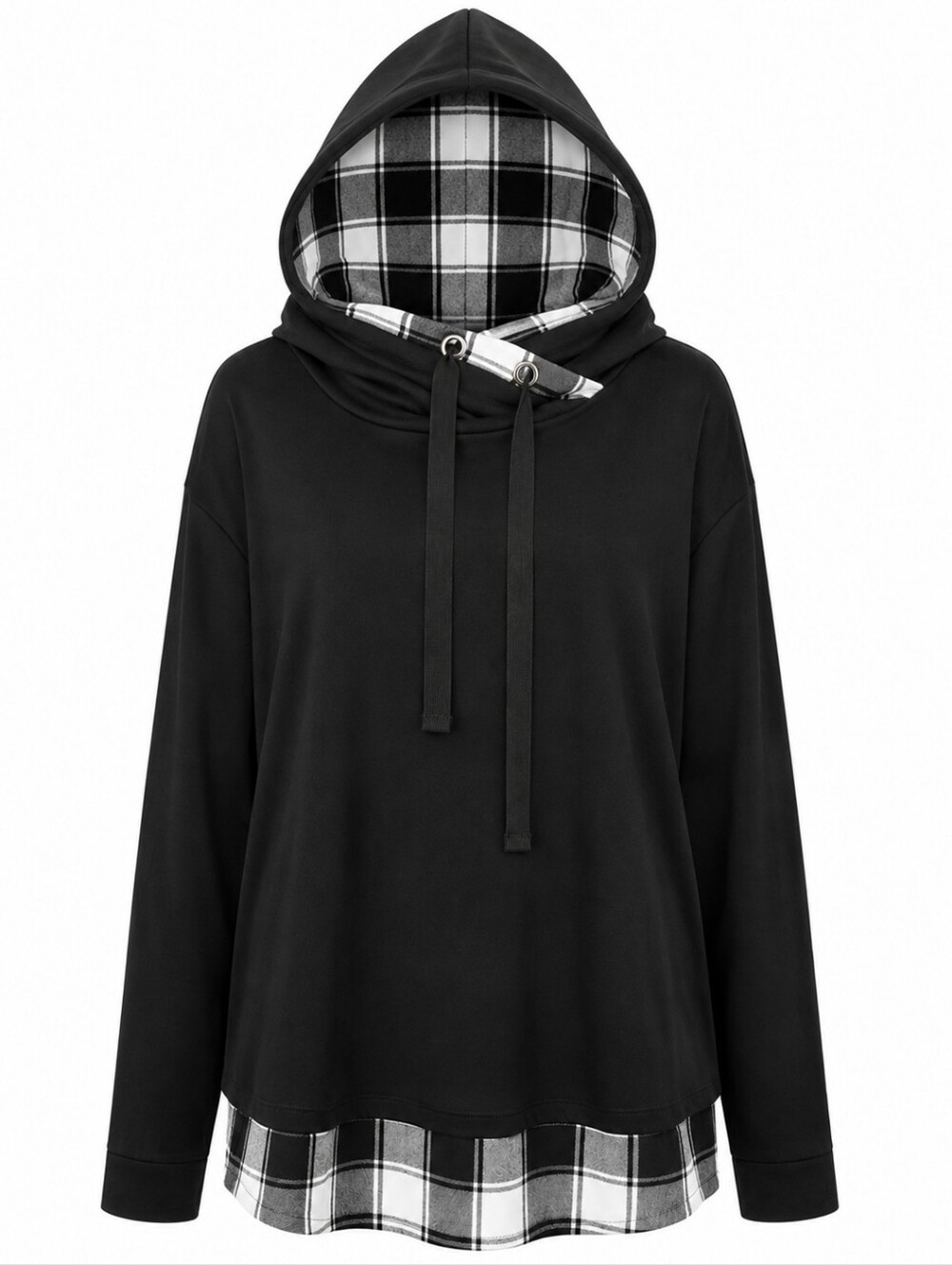 DJT | Black Plaid Lined Cowl‎ Hood Tunic Hoodie Preppy Acadamia Comfy | XXL